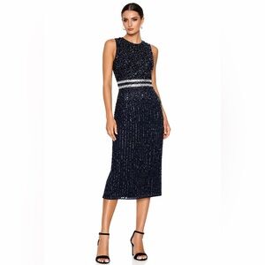 Mac Duggal Style A10509 Navy Sleeveless Beaded Midi Sheath Dress Size 4 New